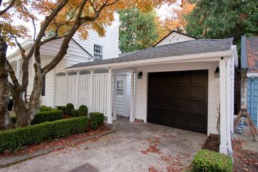 Residential Exteriors - traditional - garage and shed - portland - Sundeleaf Painting Flat Roof Garage Ideas, Walkway Between House And Garage, Garage Ideas Exterior, Breezeway Addition, Flat Roof Garage, Garage Walkway, Covered Walkways, Porch Stairs, Victorian Exterior