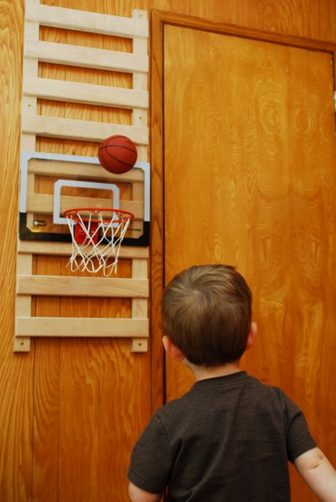 Custom made ladder system for 'hang from door' gadgets such as this basketball hoop. Allows me to adjust the height of the basketball hoop quickly as my sons grow! Basketball Hoop In Bedroom, Diy Basketball Hoop, Boys Room Diy, Diy Basketball, Basketball Room, Fantasy Basketball, Diy Playroom, Ball Room, Mini Basketball Hoop