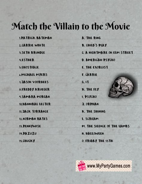 Free Printable Match the Villain to the Movie Halloween Game in 2022 | Halloween printables free, Halloween games, Villain Games To Play On Halloween, Horror Movie Games, Halloween Word Games, Horror Movie Trivia, Free Halloween Games, Adult Halloween Party Games, Halloween Villains, Teen Halloween Party, Holiday Trivia