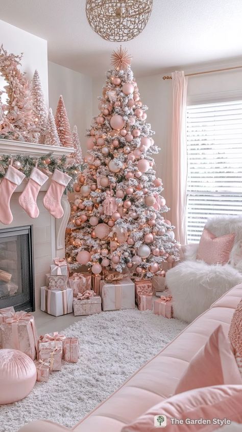 Gingerbread Themed Christmas Decor Pink, Simple Christmas Decorations Living Room, Pink Aesthetic Winter, Christmas Pink Decorations, Colorful Christmas Decor Ideas, Pink Christmas Ideas, Valentine Wedding Decorations, Pink Christmas Bedroom, Christmas Aesthetic Ideas