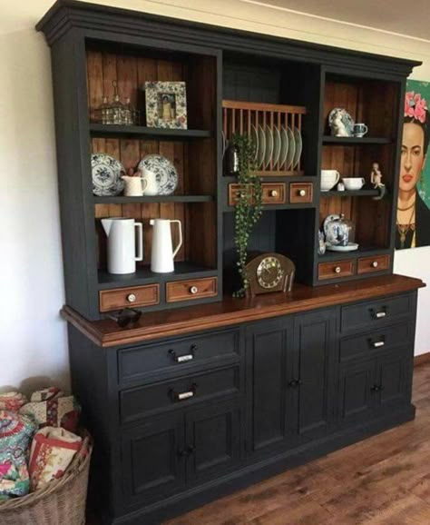 Refurbished China Hutch, China Hutch Repurposed Kitchen Cabinets, White Hutch Makeover, China Hutch Repurposed, Refurbished Hutch Ideas, Dining Room Hutch Makeover, Kitchen Hutch Makeover, Black Refinished China Cabinet, Black Chalk Paint China Cabinet