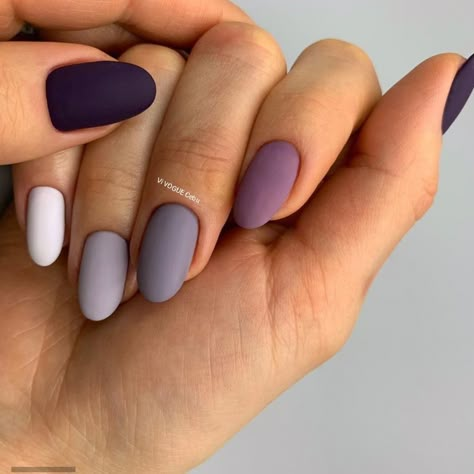 Short Matt Nails, Short Acrylic Nails Matte, Matte Almond Nails Design, Multi Colored Nails Fall, Solid Gel Nail Color Ideas, Nail Inspo Matte, Lavender And Black Nails, Simple Matte Nails, Purple Matte Nails