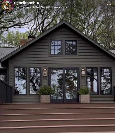 Dark House Black Trim, Graphite Siding Exterior, Exterior House Colors With Red Roof, Dark Bronze Windows Exterior, Exterior House Paint Color Combinations Brown Dark Wood, Black Exterior Trim House, Moody Home Exterior Colors, Dark Cottage Exterior, Dark Colored Houses Exterior