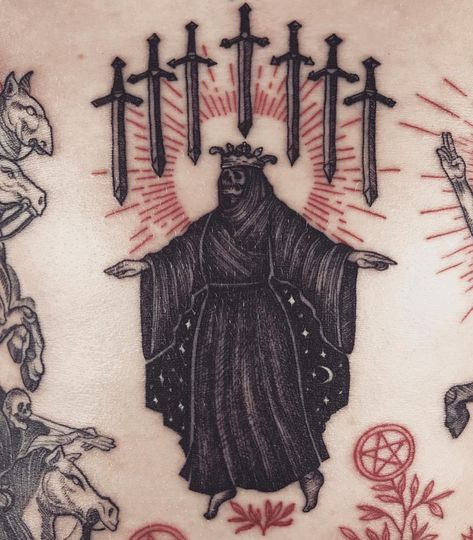 Micah Ulrich, Nine Of Swords, Tats Ideas, Russian Tattoo, Medieval Tattoo, Occult Tattoo, Devil Tattoo, Witch Tattoo, Tattoo Inspiration Men