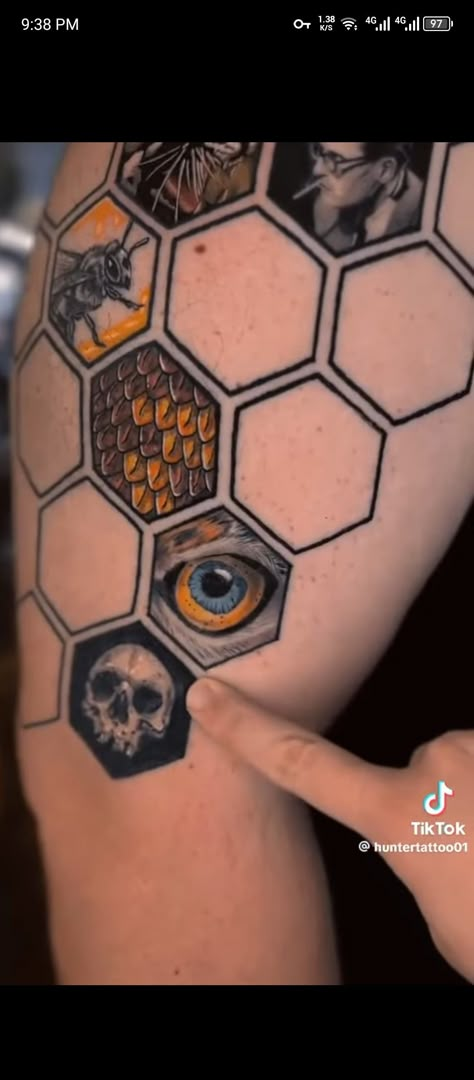 Geometric Hexagon Tattoo, Universe Tattoos, Leg Band Tattoos, Left Arm Tattoo, Black Light Tattoo, Octopus Tattoo Sleeve, Hexagon Tattoo, Honeycomb Tattoo, Raccoon Tattoo