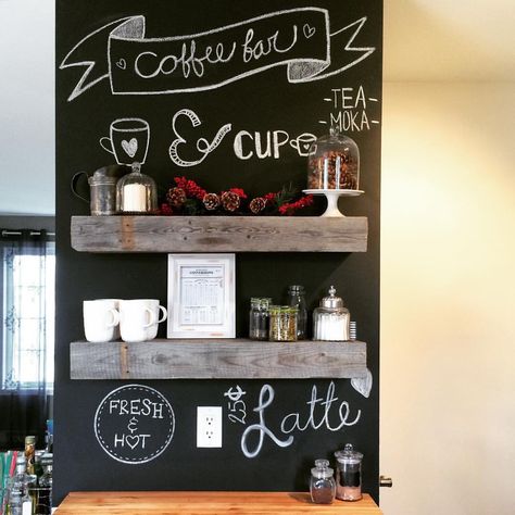 Coffee bar Bars In Kitchen, Kitchen Chalkboard Wall, Small Coffee Bar Ideas, Coffee Bar Ideas Kitchen, Small Coffee Bar, Cheap Kitchen Makeover, Coffee Bar Ideas, Kitchen Chalkboard, Coffee Bars In Kitchen