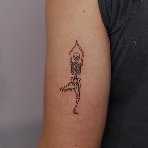 Skeleton Doing Yoga Tattoo, Happy Skeleton Tattoo, Silly Skeleton Tattoo, Yoga Skeleton Tattoo, Girl Skeleton Tattoo, Tree Pose Tattoo, Skeleton Plant Tattoo, Dainty Skeleton Tattoo, Tiny Skeleton Tattoo