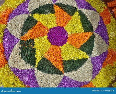 Kerala traditional Onam festival celebration flower design. Atham, Pookalam Atham Pookalam, About Kerala, Colorful Floral Art, Onam Celebration, Onam Festival, Festival Celebration, Harvest Festival, Screen Savers, Flower Design