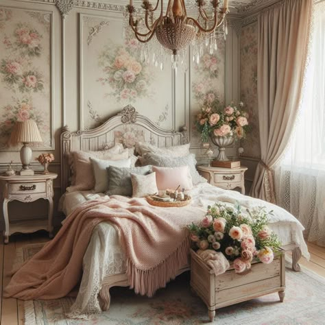 Shabby Bedroom Ideas, Grandmacore House Bedroom, Aesthetic Vintage Room Ideas, French Romantic Bedroom, French Classic Bedroom, French Asethic, French Bedroom Decor Vintage, Elegant Bedroom Ideas Classy, Vintage Bedroom Ideas Victorian