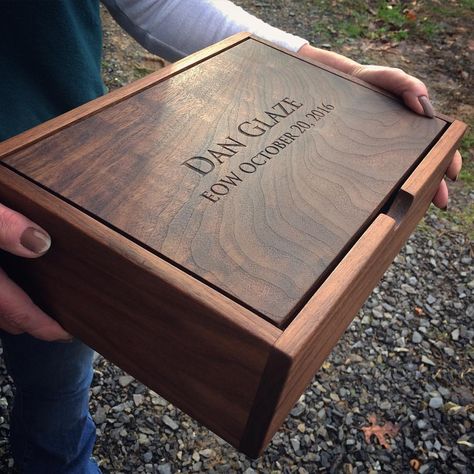 A walnut pivot lid box custom engraved, for memories of someone special. #endofwatch Wooden Box For Gift, Wood Packaging Design, Wooden Gift Box Ideas, Photo Box Ideas, Wood Box Design, Travel Book Design, Dream Inspiration, Fruits Design, Wooden Box Packaging