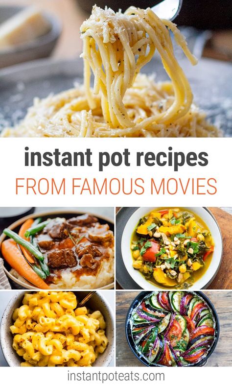 Great Recipes From Famous Movies In Your Instant Pot including Ratatouille, Cacio e Pepe, Sixteen Candles Birthday Cake and more. | #ratatouille #joyluckclub #chocolat #tortillasoup #landyandthetramp #spaghetti #16candlesmovie #100footjourney #burntmovie #dinnerandamovie #oysterstew #veggiecurry #juliachild #julieandjulia Recipes Based On Movies, Movie Recipes Food, Food From Movies Recipes, Ratatouille Movie Recipe, Ratatouille Instant Pot, Disney Food Recipes Movies Ratatouille, Recipes From Movies, Food From Movies, Recipes From Ratatouille Movie