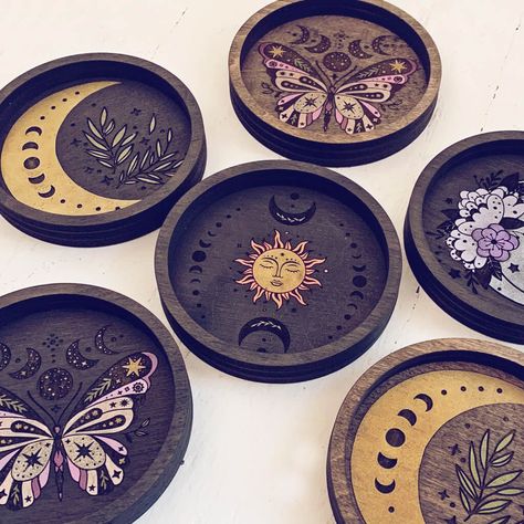 New product alert! Brand new hand painted jewelry trinket dishes from Topaz & Pine just hit the website! These make such a pretty place to stash your odds and ends or to showcase your most precious petite prized possessions - little celestial handmade, wooden trinket dishes that will brighten any dresser, vanity, countertop or nightstand! Handmade in Spruce Grove, Alberta. Trinket Dish Painting Ideas, Trinket Collection, Celestial Decor, New Product Alert, Dresser Vanity, Jewelry Trinket, Vanity Countertop, Painted Jewelry, Hand Painted Jewelry