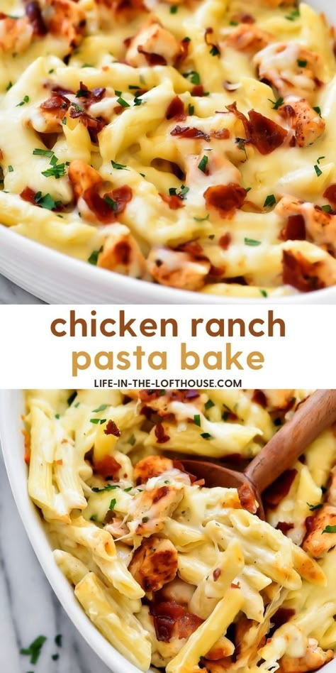 Chicken Bacon Ranch Bake, Chicken Ranch Pasta, Chicken Bacon Ranch Pasta, Chicken Ranch, Creamy Ranch, Ranch Pasta, Chicken Pasta Bake, Pasta Dinner Recipes, Ranch Chicken