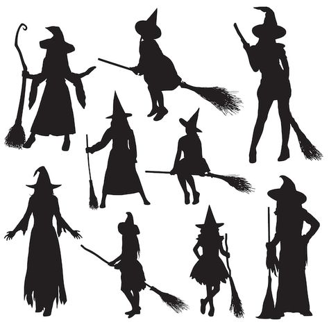 Vector witch silhouette | Premium Vector #Freepik #vector #witch #creepy #ghost-logo #horror Witch Silhouette Templates, Ghost Logo, Dance Silhouette, Witch Silhouette, Creepy Ghost, Witchy Art, Elephant Illustration, Halloween Express, Silhouette Template