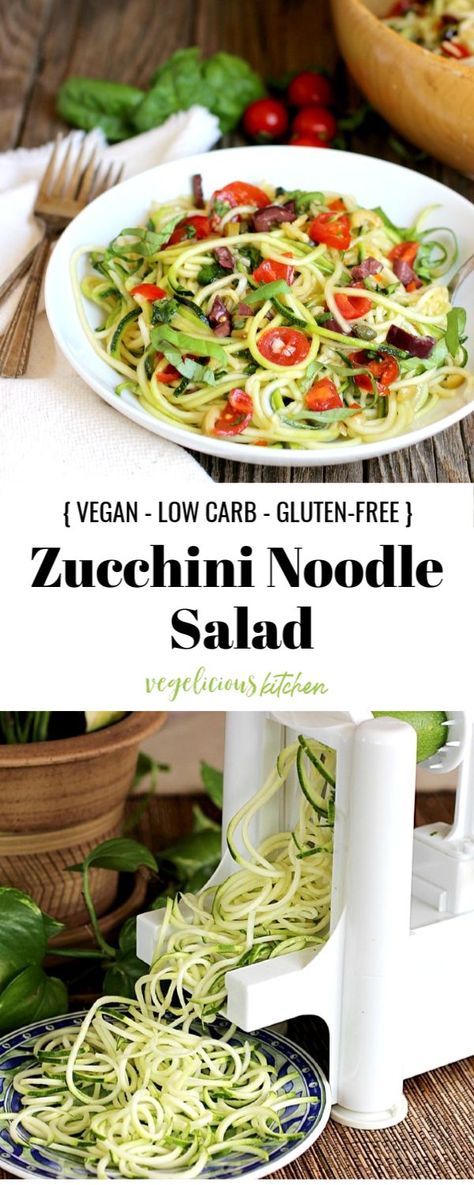 Low Carb Raw Vegan Recipes, Raw Vegan Dishes, Raw Vegan Zucchini Noodles, Raw Vegan Salad, Zucchini Noodle Salad, Fun Appetizers, Zucchini Noodles Salad, Vegan Low Carb, Happy Weight