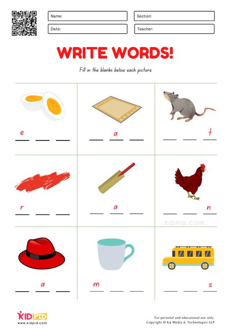 3 Letter Words Worksheets, Writing Cvc Words Worksheets, Free English Worksheets, Hindi Language Learning, Phonics Reading Passages, 3 Letter Words, Writing Cvc Words, Phonics For Kids, Cvc Words Worksheets