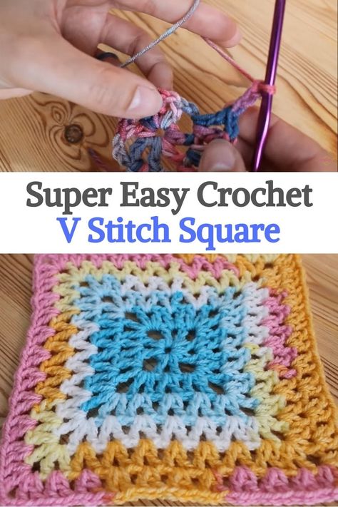 Super easy crochet V Stitch Square Crochet Continuous Square, Loopy Crochet Stitch, Continuous Granny Square, Crochet Continuous Granny Square, Continuous Granny Square Blanket, Crochet V Stitch, Crochet Granny Square Baby Blanket, V Stitch Crochet, Crochet Granny Stitch