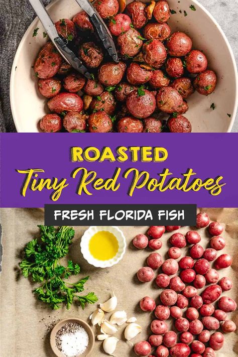 Roasted tiny red potatoes are ideal for quick weeknight dinners. They have a sweet and creamy taste and they roast in 20 minutes. Red Potatoes Oven, Roasted Small Potatoes, Red Skin Potatoes Recipe, Small Potatoes Recipe, Roasted Mini Potatoes, Oven Roasted Red Potatoes, Fresh Fish Recipes, Tiny Potato, Red Potato Recipes