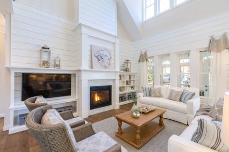 Beach House Fireplace, Coastal Fireplace, Wood Fireplace Surrounds, Coastal Virginia, Beach Style Living Room, Beach House Living Room, Fireplace Tile Surround, Shiplap Fireplace, Living Room Photos