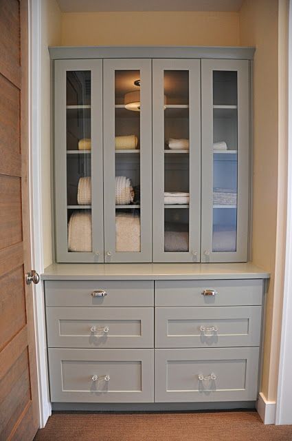 Build in Shelves with glass doors and drawers rather than those stupid linen closets you can never keep organized. Bathroom Linen Closet, Linen Closet Storage, Shelves Over Toilet, Linen Closets, Linen Closet Organization, Bathroom Closet, Ideas Hogar, Hallway Storage, Linen Cabinet