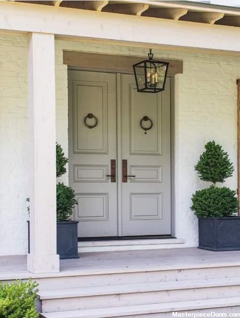 Solid Front Door featuring a Light Grey Double Rectangular Composite Wood Door with No Glass and Iron Knockers Double Front Entry Doors, Double Door Entryway, Double Door Entrance, Kate Marker Interiors, Front Door Styles, Door Colors, Double Front Doors, Double Entry Doors, Battle Creek