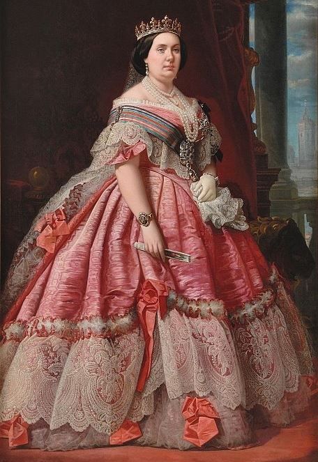 Queen Isabella II of Spain (1830 - 1904), the first Queen Regnant of Spain. 1850s Fashion, 19th Century Fashion, Isabel Ii, European Royalty, Victorian Art, Vestidos Vintage, Historical Costume, Historical Dresses, Moda Vintage