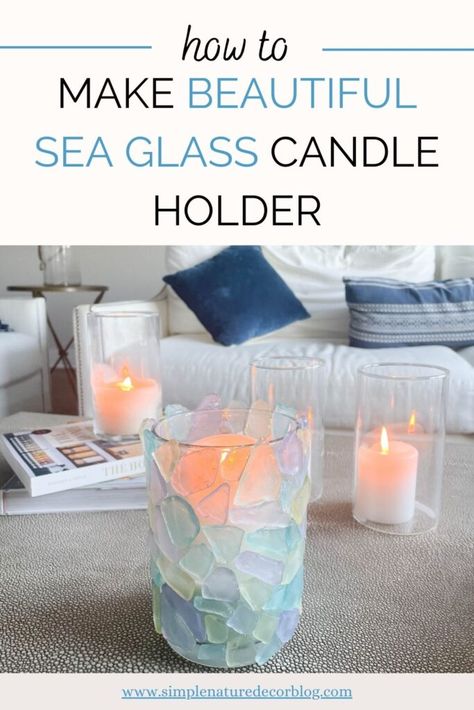 Sea Glass Display, Glass Jar Diy, Sea Glass Candle Holder, Seaglass Ideas, Sea Glass Candles, Seaglass Crafts, Dollar Tree Candle Holders, Ocean Candle, Glass Table Decor