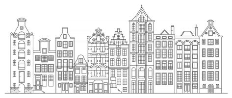 Amsterdam old style houses. Typical dutch canal houses lined up near a canal in the Netherlands. Building and facades for Banner or poster. Vector outline illustration. Old Style House, Amsterdam Houses, Cottage Lake, Dutch House, Amsterdam Canals, Building Drawing, Outline Illustration, Canal House, House Illustration