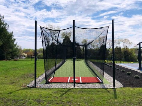 Outdoor Batting Cage, Baseball Cage Backyard, At Home Batting Cage, Backyard Batting Cage Diy, Backyard Baseball Ideas, Diy Baseball Batting Cage, Home Batting Cage Ideas, Backyard Batting Cage Ideas, Batting Cage Backyard Diy