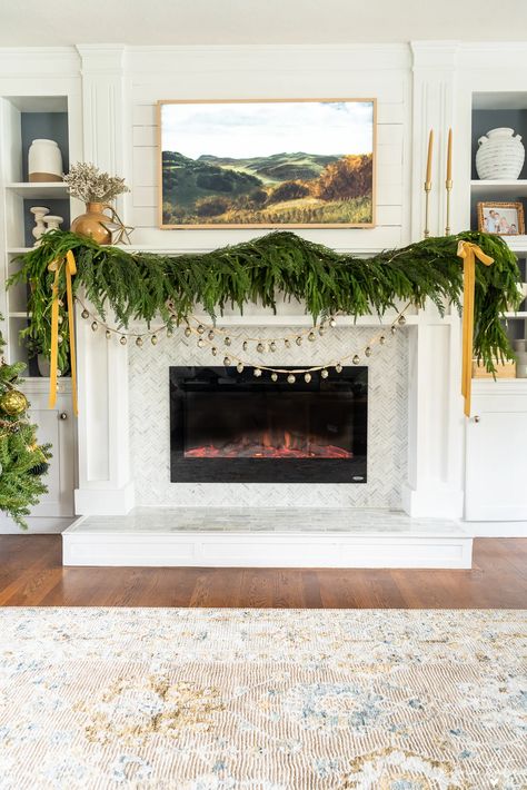 Layered Christmas Garland, Fireplace With Garland, Jenna Loves Christmas, Christmas Mantle 2023, Faux Garland Christmas, Christmas Garland On Mantle, Mantel Christmas Decorating Ideas, Garland On Mantle, Christmas Mantle Garland