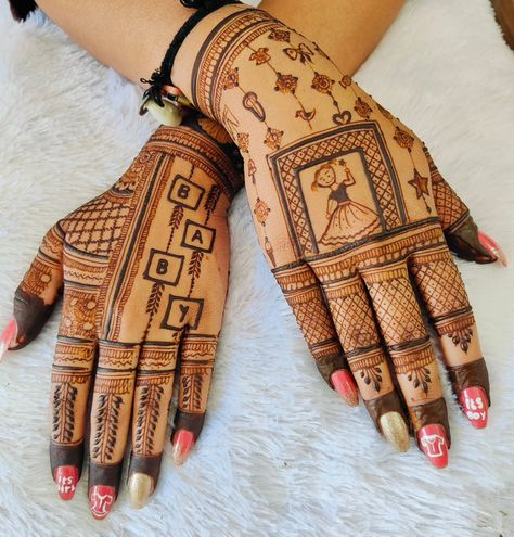 Baby shower back hand design 🪷 Book ur mehendi with @mitisha_mehndi_art Mom To Be Mehendi Design Back Hand, Baby Shower Mehndi Back Hand, Baby Shower Mehndi Designs Hand, Mehandi Designs For Back Hands, Baby Shower Mehendi Designs, Back Hand Design, Baby Shower Mehndi, Mendi Design, Baby Mehndi