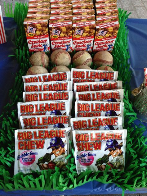 Baseball themed birthday party. 30th birthday. big league chew gum. cracker jack. fake grass. tablecloth. Big League Chew, Baseball Theme Party, Sports Theme Birthday, Sports Birthday Party, Cracker Jack, Baseball Birthday Party, Cracker Jacks, Baseball Party, Baseball Theme