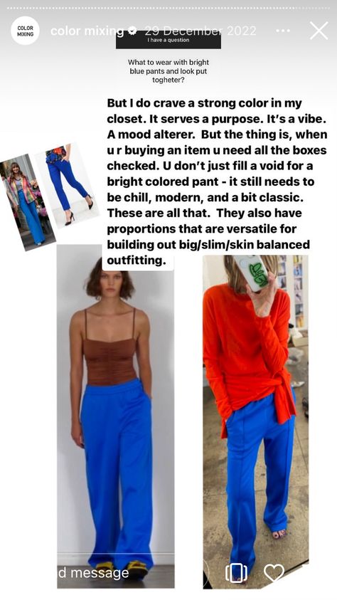 Bright Blue Pants Outfit, Blue Linen Outfit, Bright Blue Pants, Blue Pants Outfit, Amy Smilovic, Linen Outfit, Colored Pants, The Thing Is, Strong Colors