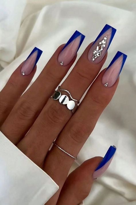 Blue Prom Nails, Blue And Silver Nails, Silver Nail Designs, Royal Blue Nails, Unghie Sfumate, Blue Acrylic Nails, Her Nails, Long Acrylic Nails Coffin, Blue Nail Designs