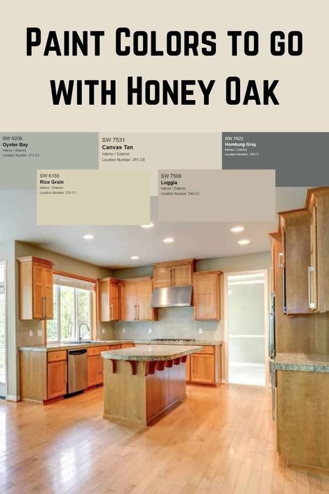 Some of the best paint colors to go with honey oak trim, cabinets, and flooring. #honeyoak #paintcolors #interiordesign #woodcabinets #trim Dark Lower Cabinets Wood Upper, Best Wall Paint Colors To Go With Golden Oak, Lime Wash Honey Oak Cabinets, Honey Oak Wainscoting, Paint Colors For Orange Oak Cabinets, What Color Floor With Honey Oak Cabinets, Lvp Flooring With Honey Oak Cabinets, Agreeable Gray With Honey Oak Cabinets, Modern Honey Oak Kitchen