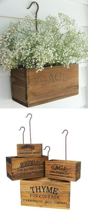 DIY nesting herb boxes | DIY wooden herb crates | Step-by-step hanging herb crate tutorial | Farmhouse style rustic decor | Free stencil | Free printable | Scarborough Fair | Scrap wood home decor | Stenciled home decor | How to stencil | Festive home decor | Cheap Herb Boxes Diy, Hanging Planter Boxes, Ideas Terraza, Herb Boxes, Boxes Diy, Diy Hanging Planter, Scarborough Fair, Hanging Herbs, Outdoor Living Design