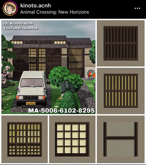 Door Design Acnh, Acnh Shoji Screen Design, Acnh Japanese Entrance, Acnh Tokyo, Japanese Window Design, Qr Code Animal Crossing, Japanese House Exterior, Japanese Window, Japanese Exterior