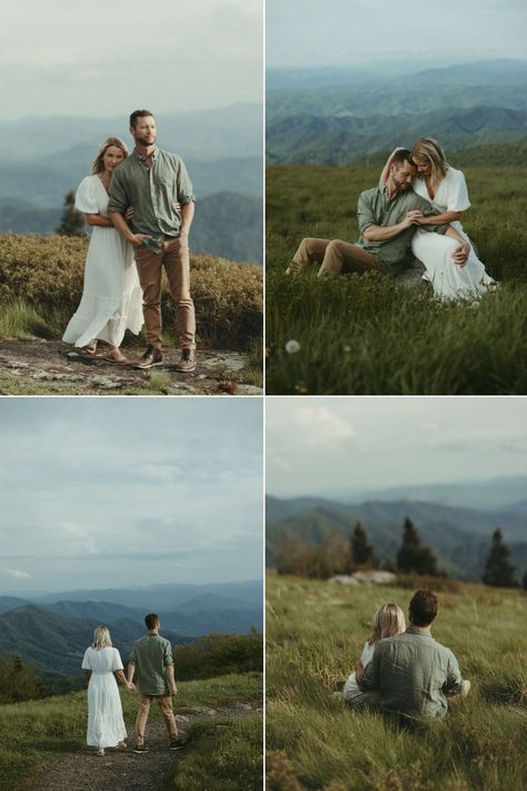 These Roan Mountain engagement photos feature so many romantic couples poses and film style photography! Get inspired by romantic engagement photo poses, casual outfit ideas, outdoor engagement photoshoot ideas, and mountain engagement session inspiration! Book Lauren for your North Carolina engagement or couples session at stratmanimagery.com! Prewedding Photography Mountain, Couples Mountain Photoshoot Summer, Mountain Photoshoot Outfit, Prenup Photoshoot Ideas Outdoor, North Carolina Engagement Photos, Smoky Mountain Engagement Photos, Engagement Photoshoot Casual, Mountain Prewedding, Mountain Photoshoot Ideas