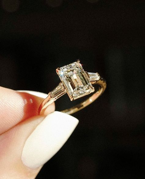 Easy, breezy baguettes that are simply gorgeous 🥖💎⁠ ⁠ Our highest set three-stone ring is built to stack with any wedding band it may… | Instagram Emerald Cut Moissanite Engagement Ring, Engagement Ring Solitaire, Future Engagement Rings, Emerald Cut Engagement, Moissanite Wedding Ring, Moissanite Engagement Ring Solitaire, Emerald Cut Moissanite, Emerald Cut Rings, Emerald Engagement Ring Cut