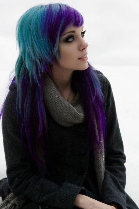 teal & purple Blue Hair Tumblr, Purple Bangs, Blue Purple Hair, Teal Hair, Emo Hair, Scene Hair, Hair Inspiration Color, Hair Inspo Color, Grunge Hair