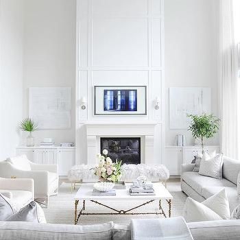 Two Story White Marble Fireplace with TV Niche - Modern - Living Room Two Story Fireplace, White Electric Fireplace, Fireplace Decorating, Tv Fireplace, Living Room Transitional, High Ceiling Living Room, Transitional Living, Design Room, Transitional Living Rooms