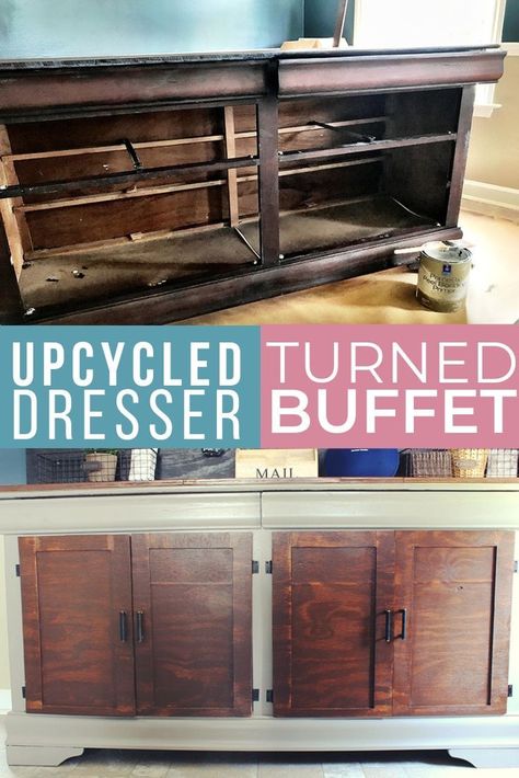 Upcycled Dresser Turned Buffet A DIY upcycled project of an old mahogany dresser into a beautiful farmhouse dining room buffet. How I transformed this bedroom furniture into a dining room staple. #furnituremakeover #upcycle #DIYfurniture #upcycleddresser #DIYbuffet #upcycling #paintedfurniture #woodfurniture Turn A Dresser Into A Buffet, Diy Dresser To Buffet, Dresser Turned Buffet, Farmhouse Dining Room Buffet, Dresser To Buffet, Dresser Projects, Refurbish Ideas, Revamped Furniture, Diy Buffet