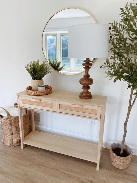 Diy Foyer Table Entryway, Entryway Table Flip, Wood And Cane Console Table, Wicker Entry Table, Small Entry Console Table, Desk As Entry Table, Light Wood Entry Table, Rattan Entryway Table, Small Entryway Console Table