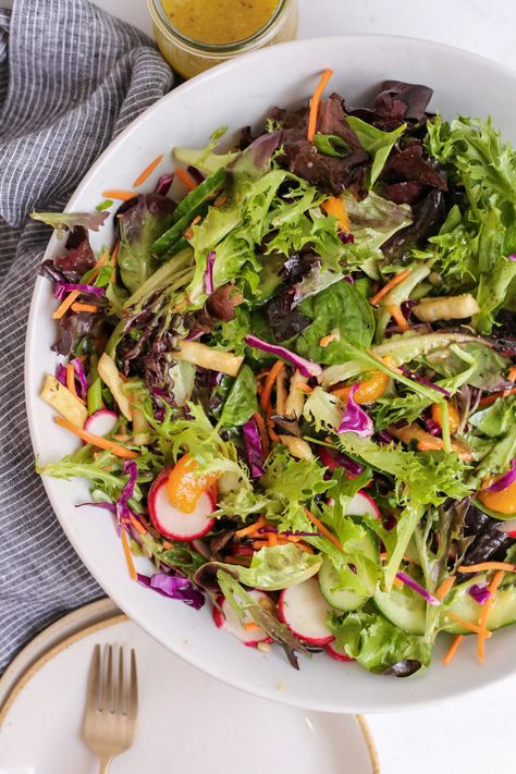 Mixed Greens and Veggie Salad with Yuzu Dressing Yuzu Salad Dressing, Mix Green Salad Recipes, Yuzu Dressing, Mixed Greens Salad, Japanese Salad, Greens Salad, Citrus Dressing, Vinaigrette Salad, Green Salad Recipes