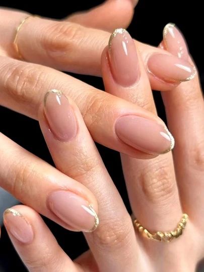 24pcs/set French Gold Wire False Nails With 1pc Nail Files And 1pc Jelly Gel Sticker | SHEIN USA Gold And Nude Nail Designs, Rose French Tip Nails, Golden Nail Designs, Mummy Nails, Golden Nails Designs, Golden Nails, Gold Nail Designs, Nude Nail Designs, Color Nails