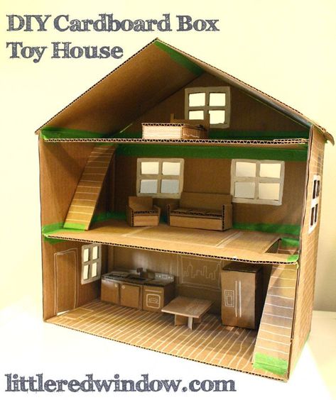 DIY Cardboard Box Toy Doll House, make an adorable play house out of an old box! via littleredwindow.com Cardboard Box Houses, Diy Cardboard Toys, Cardboard Dollhouse, Carton Diy, Cardboard Box Crafts, Cardboard Toys, Doll House Plans, Dollhouse Projects, Cardboard House