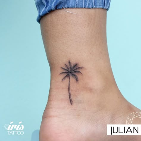 Christian Palm Leaf Tattoo, Fine Line Palm Tree Tattoo, Simple Palm Tree Tattoo, Palm Tree Tattoos For Women, Miami Tattoo Ideas, Tiny Tattoo Placement, Palm Tree Tattoo Ankle, Tropical Tattoo, Hawaii Tattoos