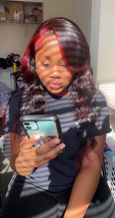 Red and black skunk stripe Black Frontal Wig, Hair Frontal, Skunk Stripe, Frontal Wig, Frontal Wigs, Red And Black, Hair Inspo, Black Hair, Wigs