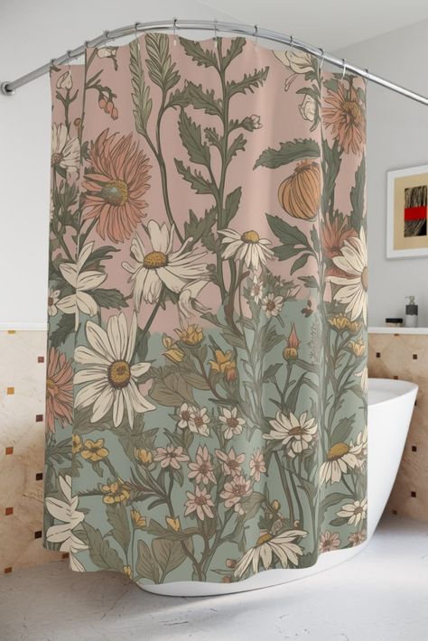 Daisy Wildflower Shower Curtain Sage Green Blush Pink Vintage 70s Floral Themed Bathroom Bohemian Cottagecore Bathroom Retro  Add a whimsical touch to your bathroom with the Daisy Dreams Shower Curtain. 🌼 Featuring a delightful array of daisy wildflowers in blush pink and sage green, this curtain channels vintage '70s floral vibes and cottagecore charm. 💖 Made with high-quality, waterproof polyester for durability and easy maintenance. 🛁 Transform your space into a bohemian paradise! Green And Pink Bathroom, Bathroom Bohemian, Cottagecore Bathroom, Bathroom Retro, New Mobile Homes, Dream Shower, Themed Bathroom, Bohemian Cottagecore, Brown Bathroom