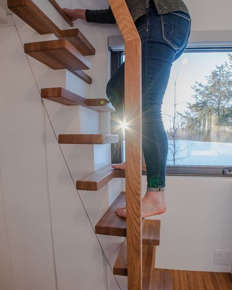 Tiny Stairs. Big Function. — Fritz Tiny Homes Writers Cabin, House Staircase Design, Tiny House Staircase, Tiny Stairs, Loft Railing, Space Saving Staircase, Stair Ladder, Design Staircase, Open Stairs